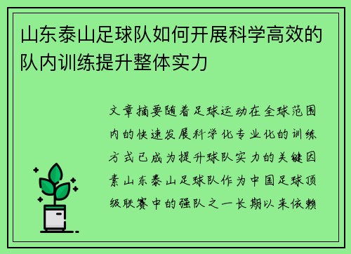山东泰山足球队如何开展科学高效的队内训练提升整体实力